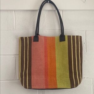 Woven Striped Tote Bag in Pink, Orange, Green with Black Handles